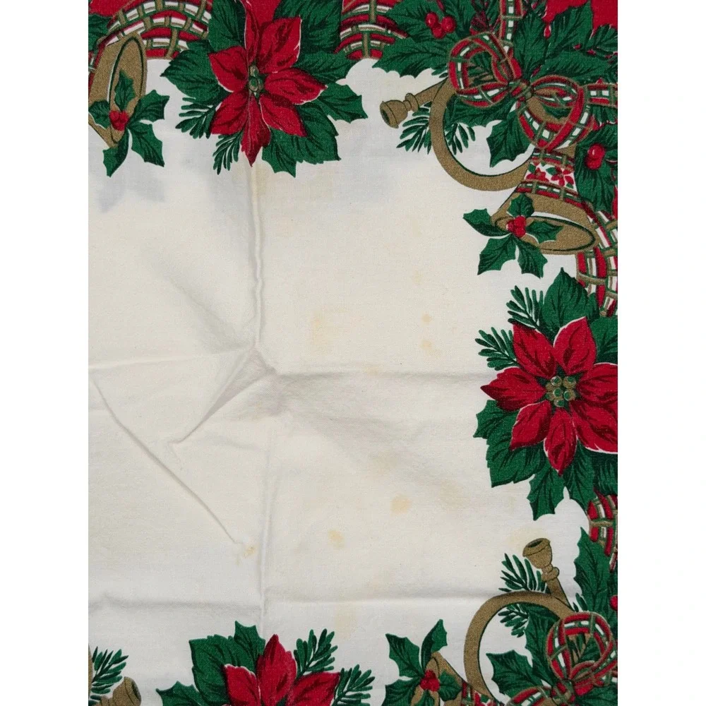 Vintage 90s Christmas‎ Tablecloth and 8 Napkins Set Poinsettia Bells Green Red